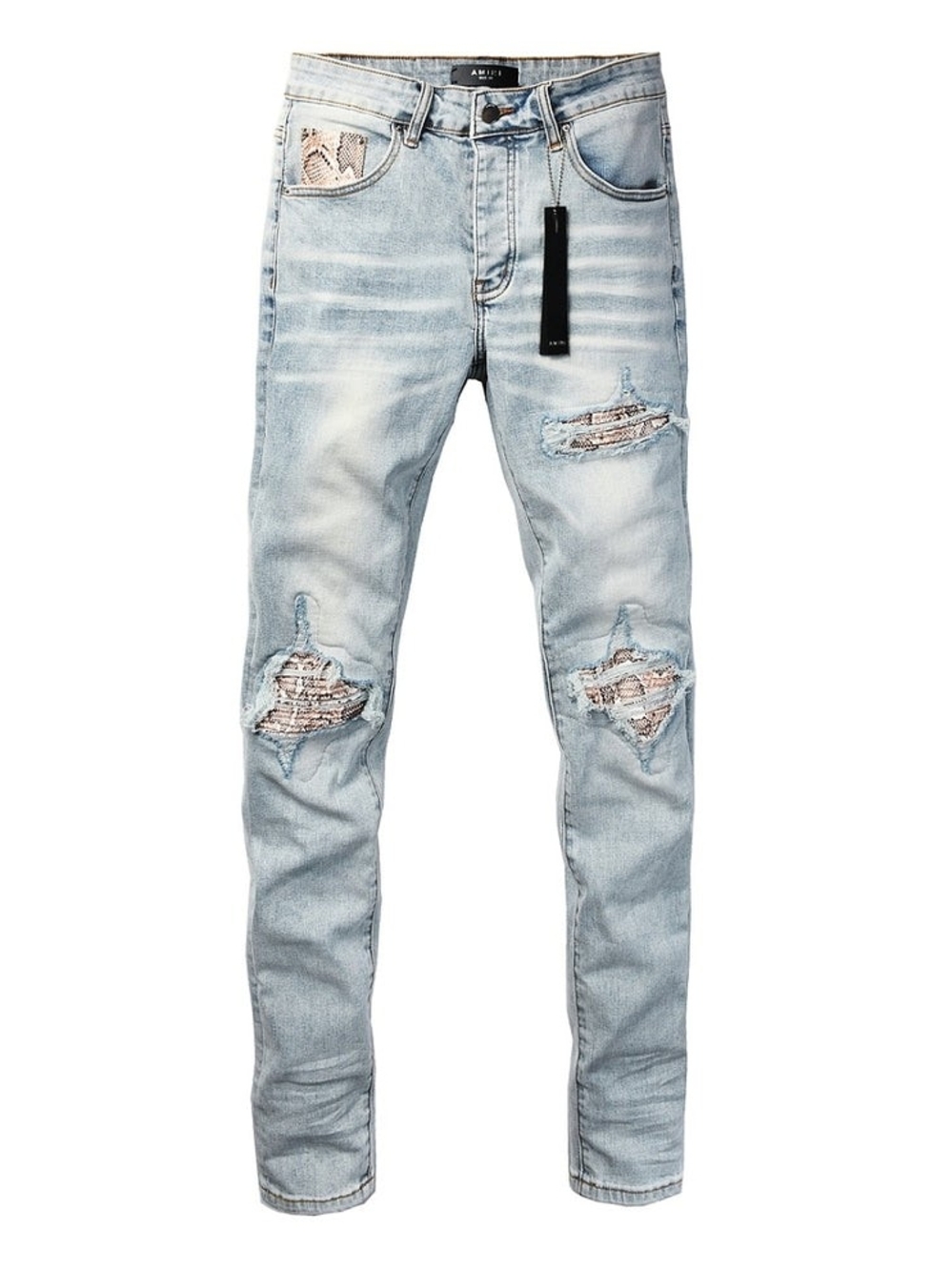 AMIRI Light Blue Distressed Skinny Jeans with Patchwork Underlay